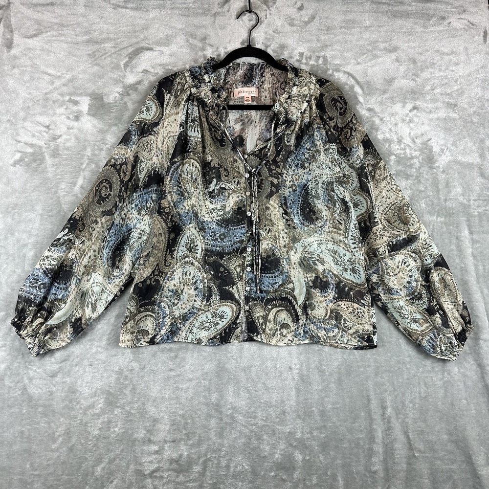 Philosophy Button Up Blouse M Blue Black Cream Paisley Tie Neck Sheer